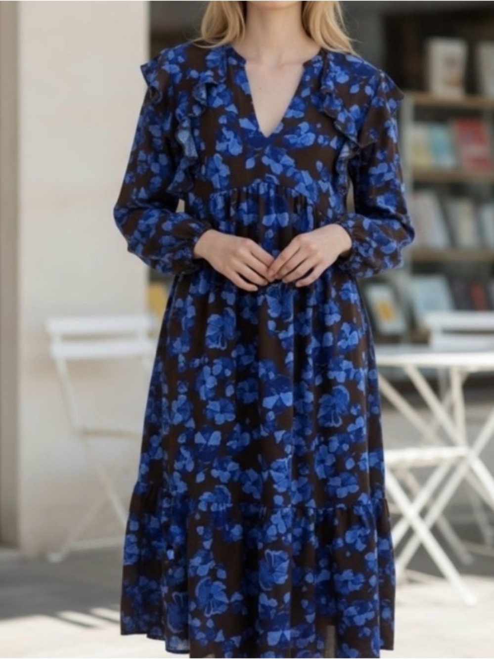 A New Day Blue Floral V-Neck Midi Dress M